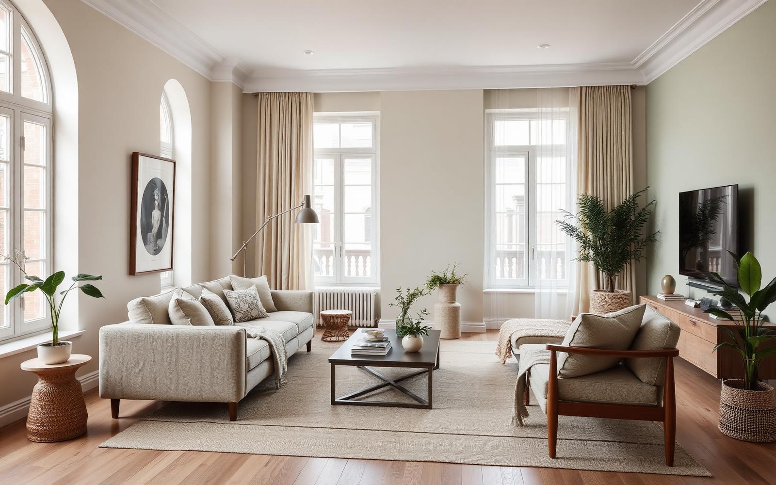 A light-filled sage and cream living room designed by JAI Interiors